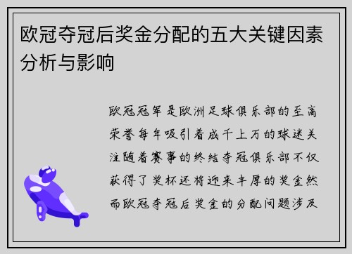 欧冠夺冠后奖金分配的五大关键因素分析与影响