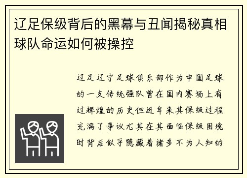辽足保级背后的黑幕与丑闻揭秘真相球队命运如何被操控